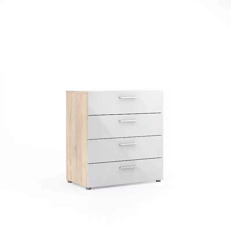 4-Drawer Vertical Dresser in Oak Finish with Silver Bar Handles and Smooth Metal Runners