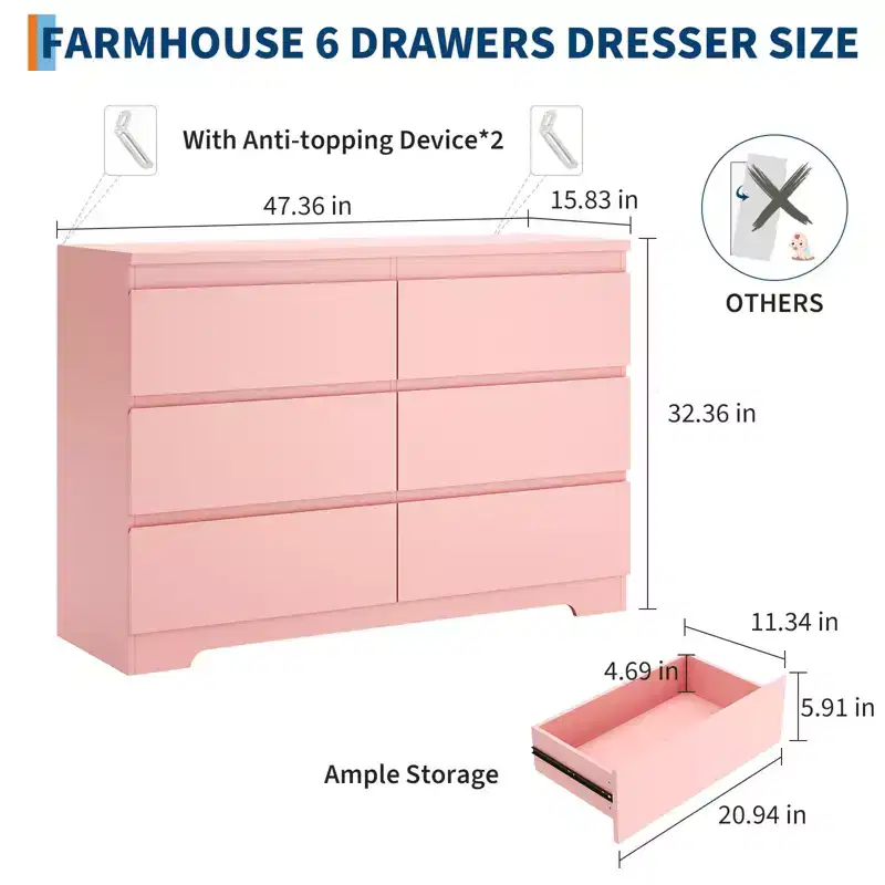 47 Farmhouse 6-Drawer Dresser, Dual Anti-Tip Kit, Waterproof Wood-Top, Smooth Metal Slides, Eco-MDF Vintage Storage for Bedroom & Living Room
