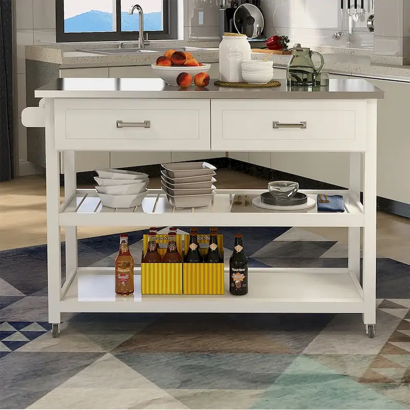 Merax Stainless Steel Table Top White Kicthen Cart With Two Drawers