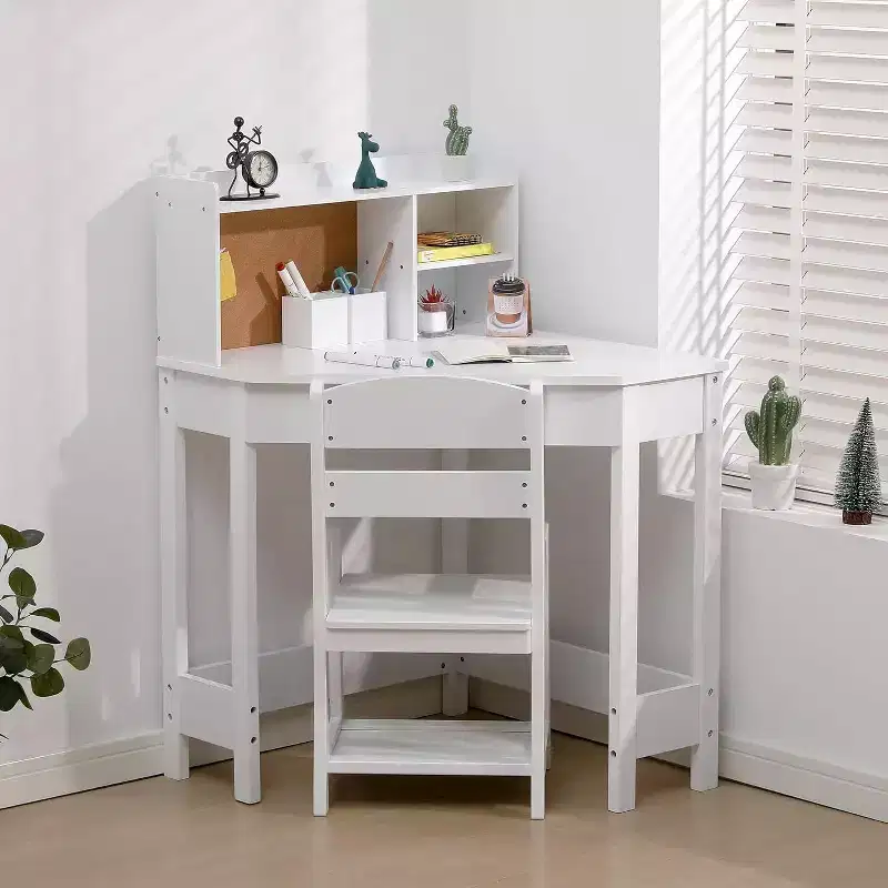 Acekool Kids Desk and Chair Set, Wooden Corner Study Table with Bookshelf, Bulletin Board, and Pen Holder, White