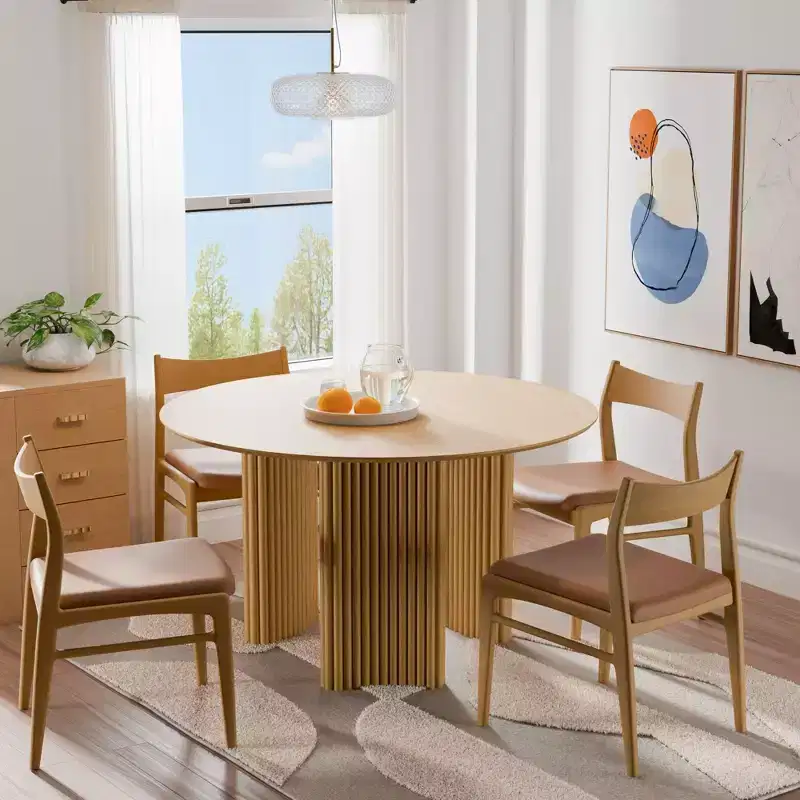 PexFix 46 Round Dining Table Kitchen Table for 4 with Arc-Shaped Edge Top and Fluted Pedestal Legs for Living Room Dining Room Coffee Office Natural