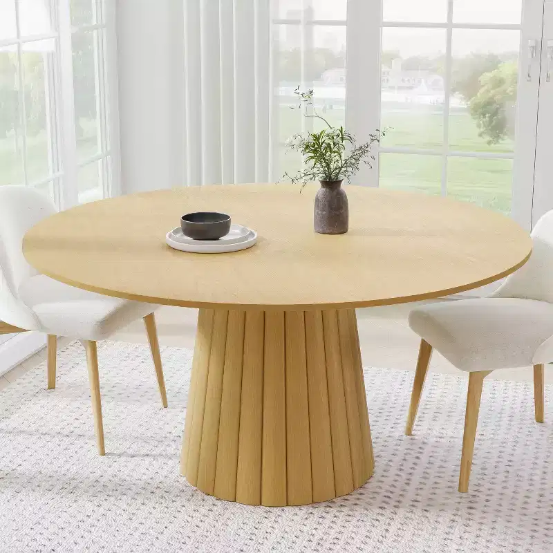 60 Solid Wood Round Dining Table Kitchen Table for 6-8 with Tabletop & Textured Tapered Base for Living/Dining Room