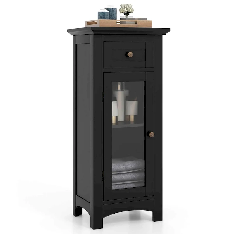 Bathroom Floor Cabinet with Tempered Glass Door, Drawer & Adjustable Shelf, Anti-Toppling MDF 15x12.5x34.5