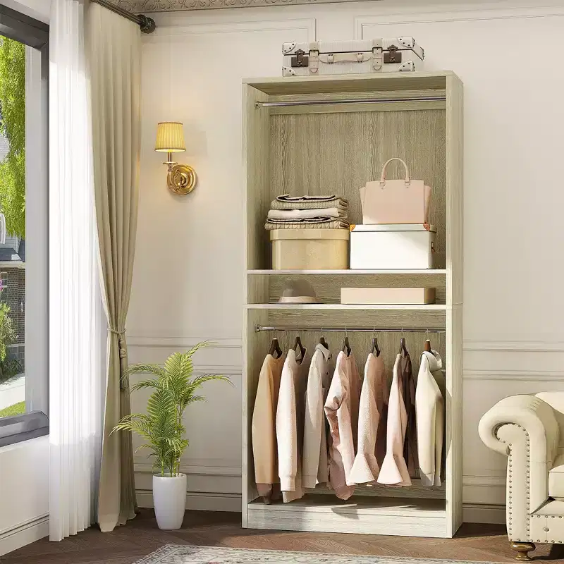 Besiost 36 Wooden Closet Organizer with Adjustable Shelves, Freestanding Wardrobe with Hanging Rails