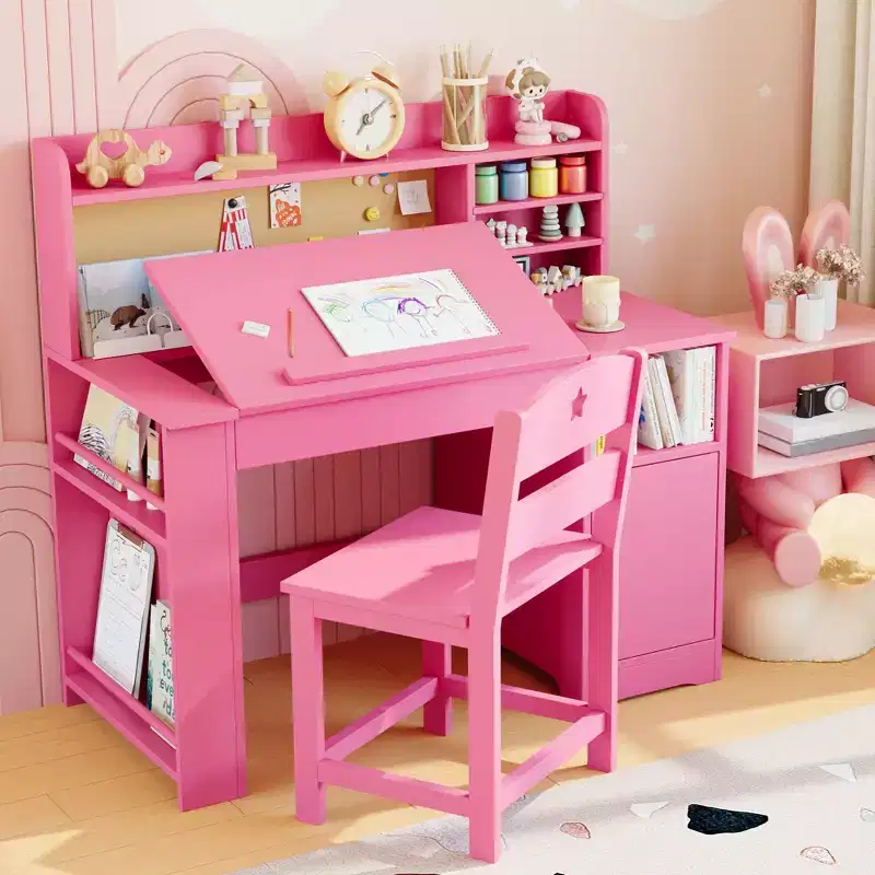 Kids Study Desk and Chair Set, with Hutch and Tiltable Desktop, Children Study Table, Student Writing Desk, for Bedroom, Home