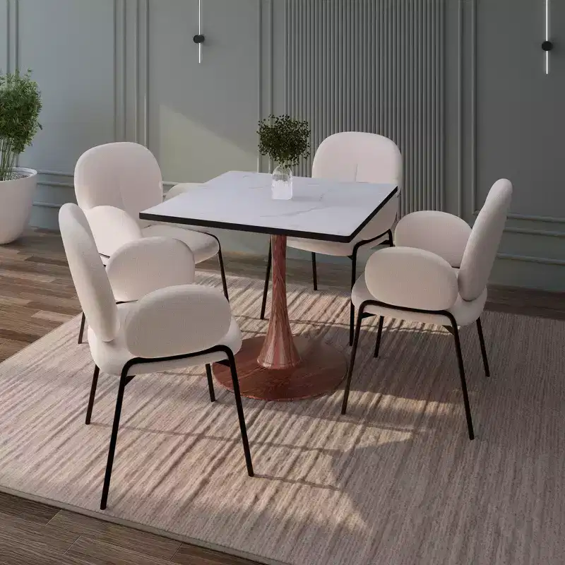 LeisureMod Bristol 27 Square Dining Table with Marbled White MDF Top and Steel Pedestal Base for Modern Kitchen and Dining Room