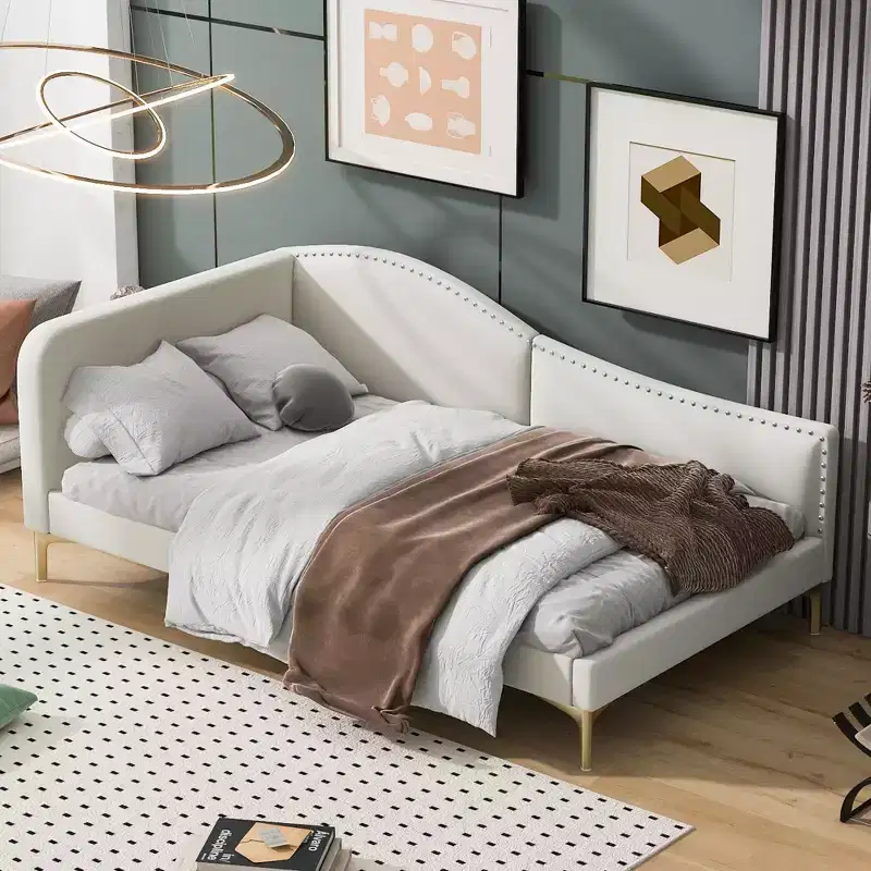 Twin/Full Size Upholstered Daybed with Headboard, Armrest and Support Legs, Grey/Beige-ModernLuxe