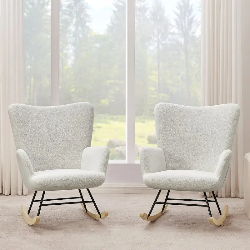 Javlergo 2 Piece Upholstered Teddy Rocking Chair with Storage Pockets Modern Rocking Accent Chairs Comfy Side Chair