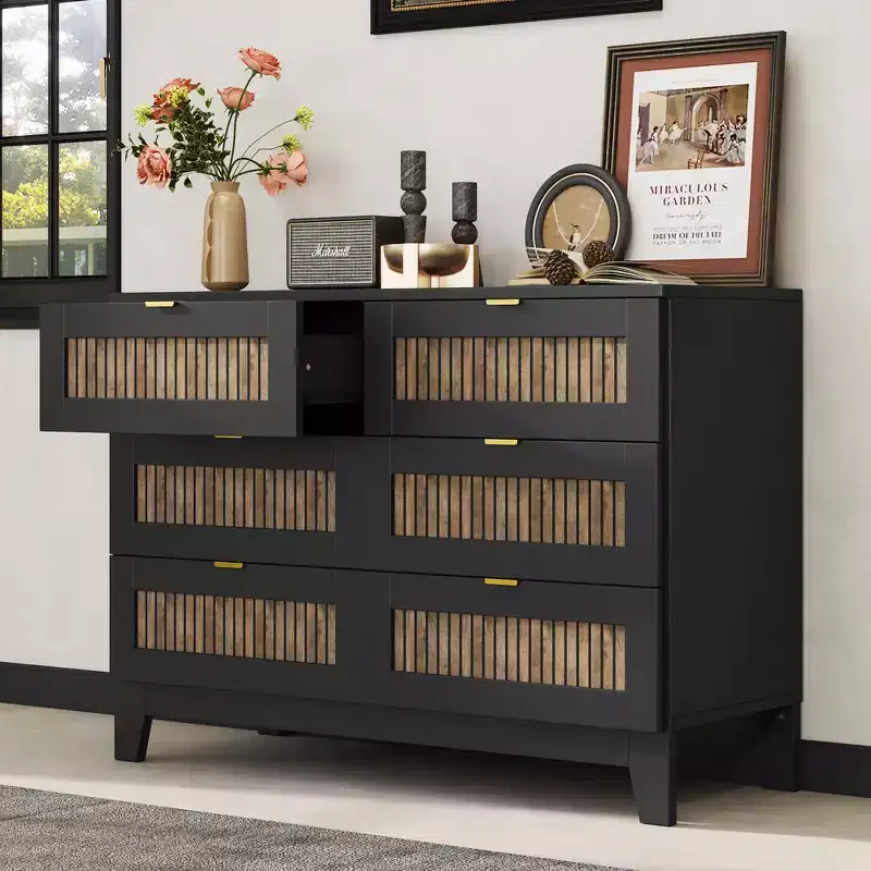 Whisen Rustic Farmhouse Style Wooden Dresser with 6 Drawers, Storage Cabinet, Metal Handles