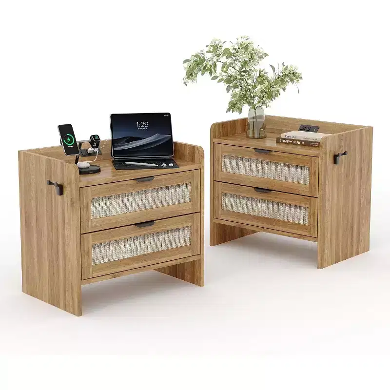 Wooden Nightstand with Type-C Charging Station, 1 Drawer & Open Shelf