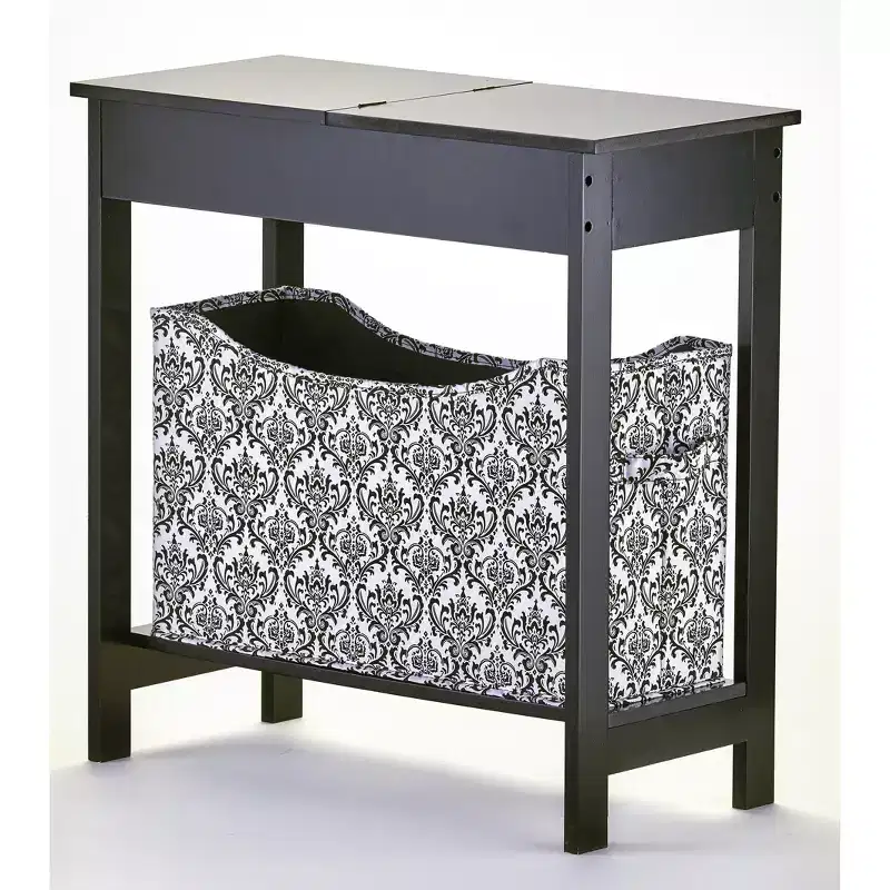 The Lakeside Collection Side Table with Fashion Print Storage Bin - Wood with Fabric Basket