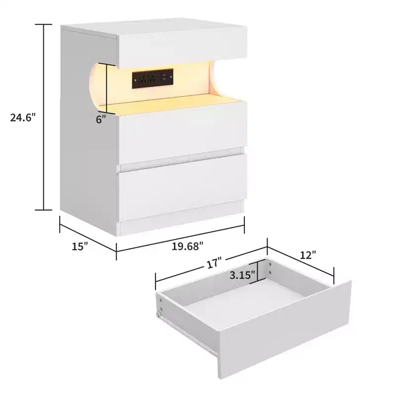 Smart Nightstand with App-Controlled LED Lights, Charging Station and 3 Drawers, White