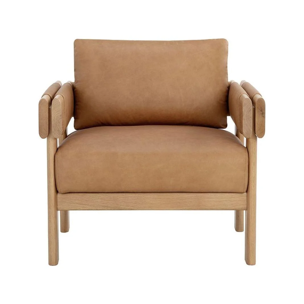 Organic Rustic Oak & Leather Lounge Chair with Double Armrest Design for Living Room