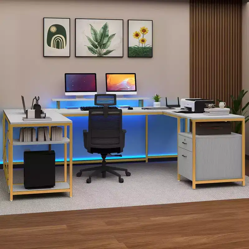 U Shaped Desk With Power Outlets & LED Lights Desk With Drawers Corner Computer Desk Office Desk With Monitor Stand & Storage Shelves White