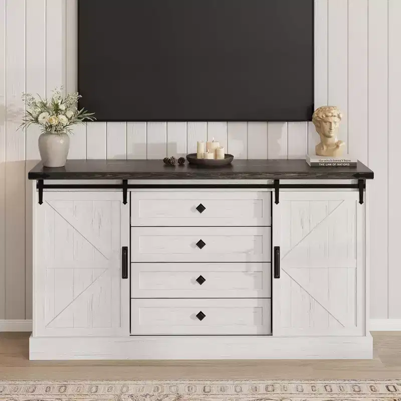 GustoWave 4 Drawer Dresser for Bedroom, 59 Farmhouse Wood Dressers with Sliding Barn Doors & Large Drawers