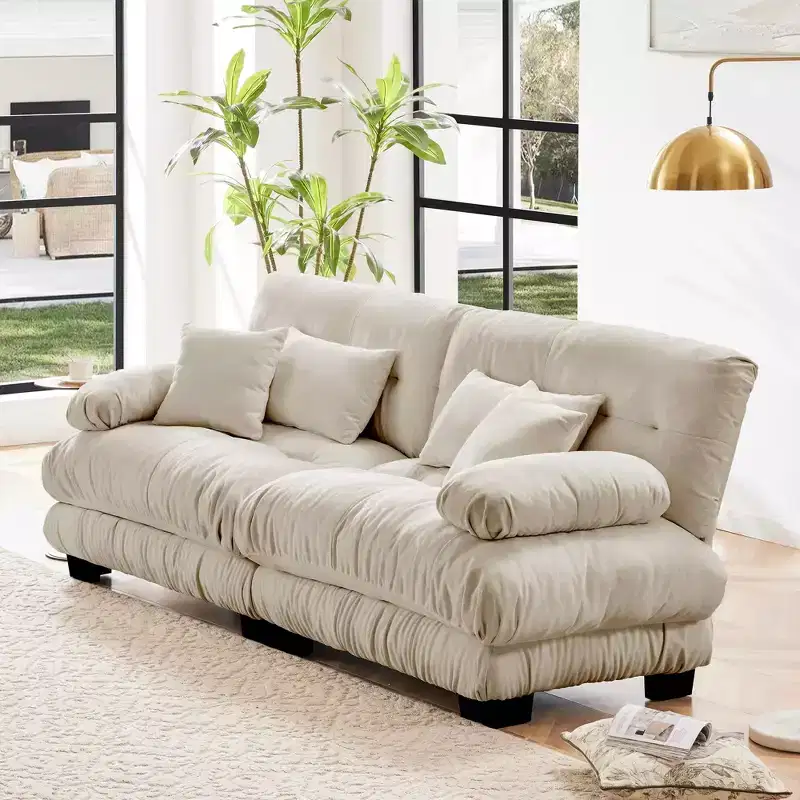 MAYEERTY 2 Seater Sofa with 2 Lumbar Pillows 2 Throm Pillows for Living Room Light Coffee