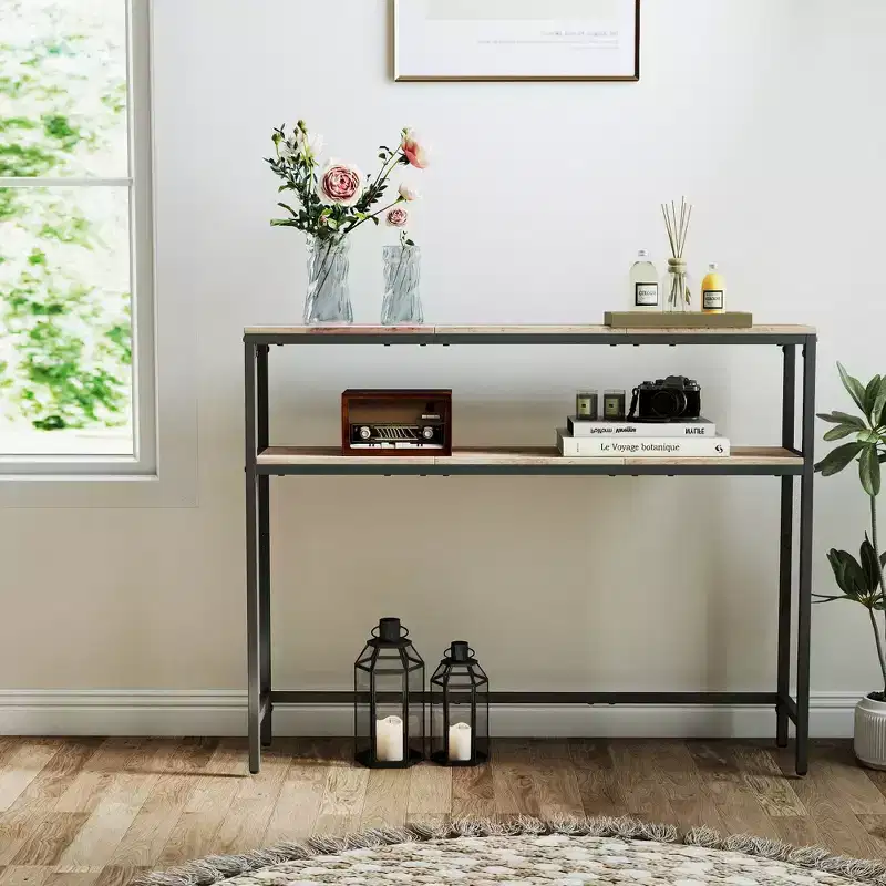 LEDREM Heather Greige and Ink Black Console Table. A 2 - Tier, 7.9 x 39.4 x 31.5 - Inch Narrow Entryway Table with 2 Shelves. Sofa Table