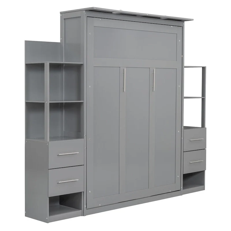 Full Size Murphy Bed Wall Bed with Shelves,Drawers and LED Lights