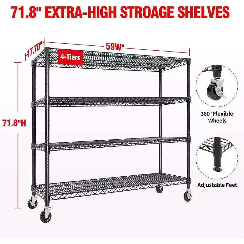 4-Tier Adjustable Metal Storage Rack with Wheels and Leveling Feet, Heavy Duty Industrial Shelving for Garage, Workshop, or Basement