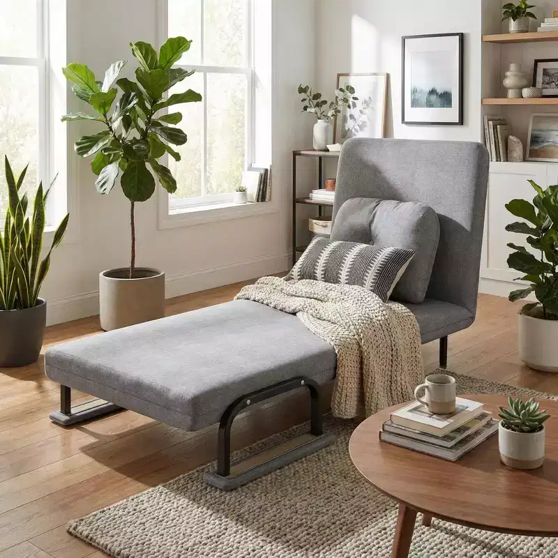 FurnitureR Convertible Sleeper Chair Bed with Adjustable Backrest, Modern Fabric Lounge Sofa with Armrests & Pillow, 6-Position Recliner, Grey