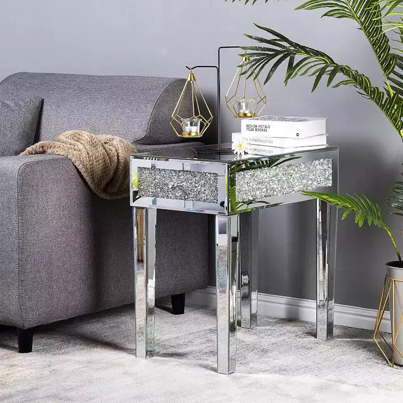 Mirrored Narrow End Table, Slim Glass Nightstand with Storage for Sofa, Couch & Bed