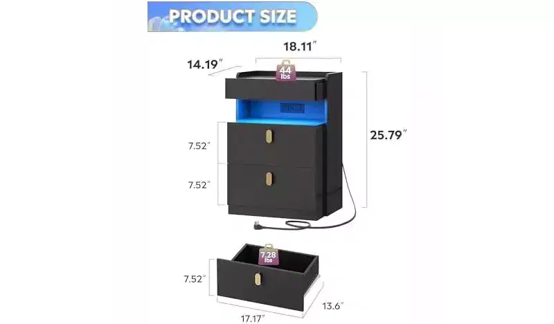 DEXYLLO LED Nighstand Set of 2 with Charging Station, Night Stands Sets with Sliding Top, Bedside Tables with Drawers