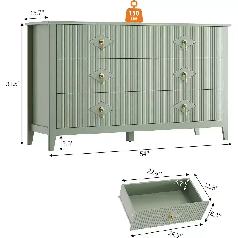 Acekool 54 6-Drawer Fluted Dresser, Modern Storage Chest, Closet or Hallway