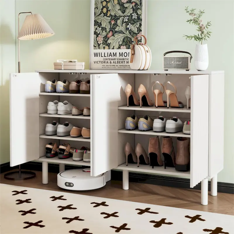Shoe Cabinet with 5 Solid Wood Legs, Sideboard Buffet Cabinet with Fluted Doors, 4-Door Storage Cabinet with Adjustable Shelves