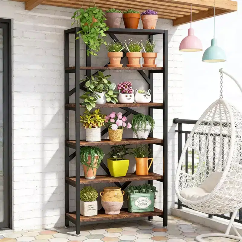 NAYSAYE Modern Bookshelf 6 Tier Metal Wood Open Shelf Display Rack Sturdy Storage Organizer for Living Room Office, Black, 31.52*11.82*70.92