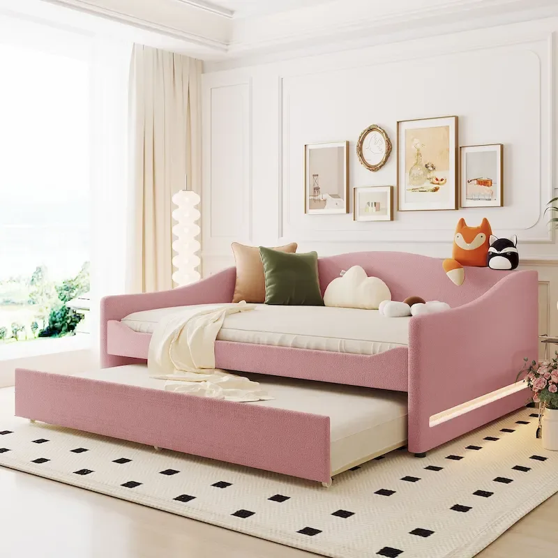 Full Teddy Fleece Daybed with Trundle and LED Lights