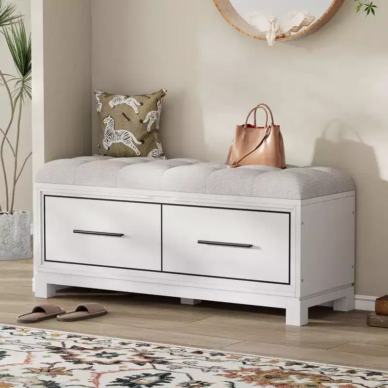 Shoe Bench with Removable Cushion, Entryway Bench with Hidden Storage for Living Room, Entryway and Hallways, White
