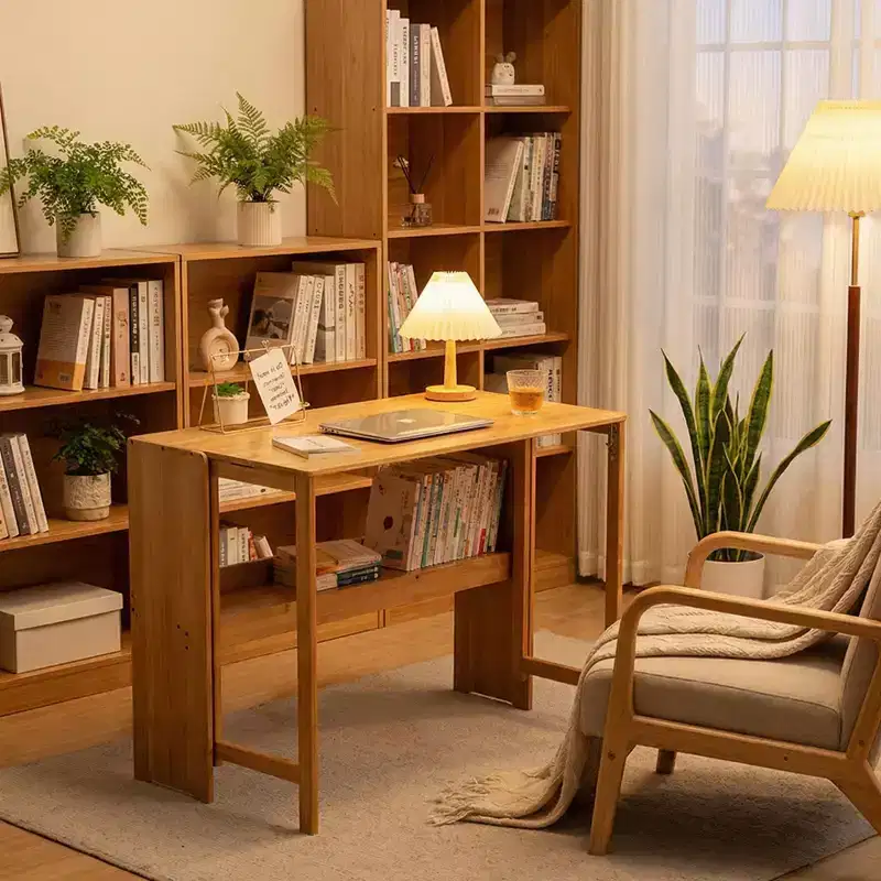FurnitureR Natural Bamboo Folding Desk with Storage Shelf, Space-Saving Drop-Leaf Writing Table for Small Spaces, Home Office or Study Room