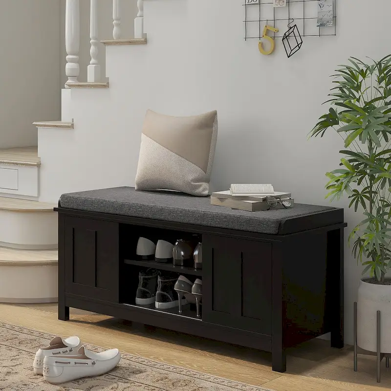 Storage Bench with Sliding Doors and Adjustable Shelves