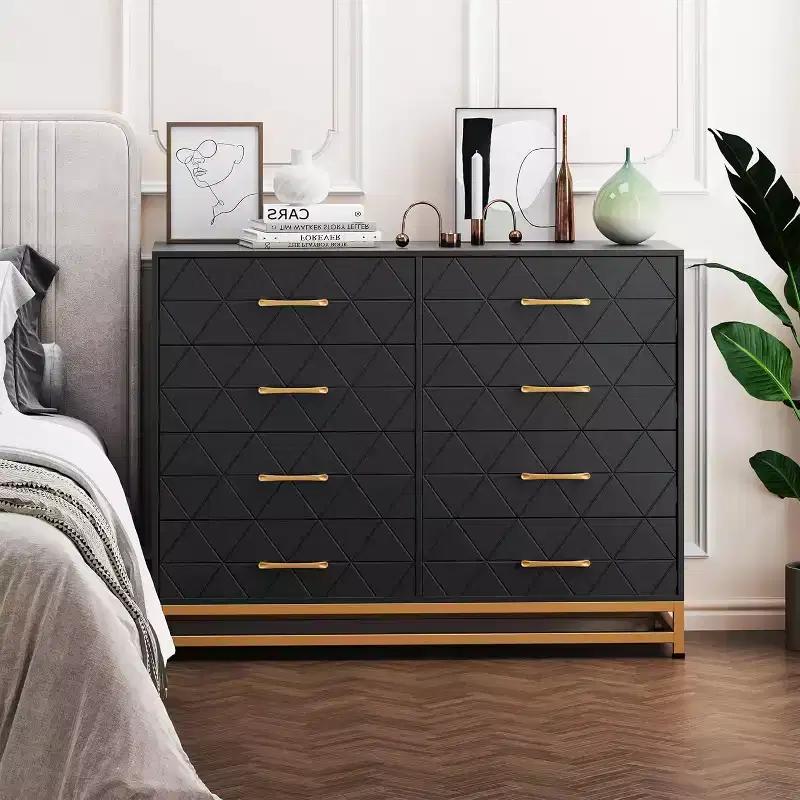 8 Drawer Double Dresser with Wide Drawers and Gold Handles