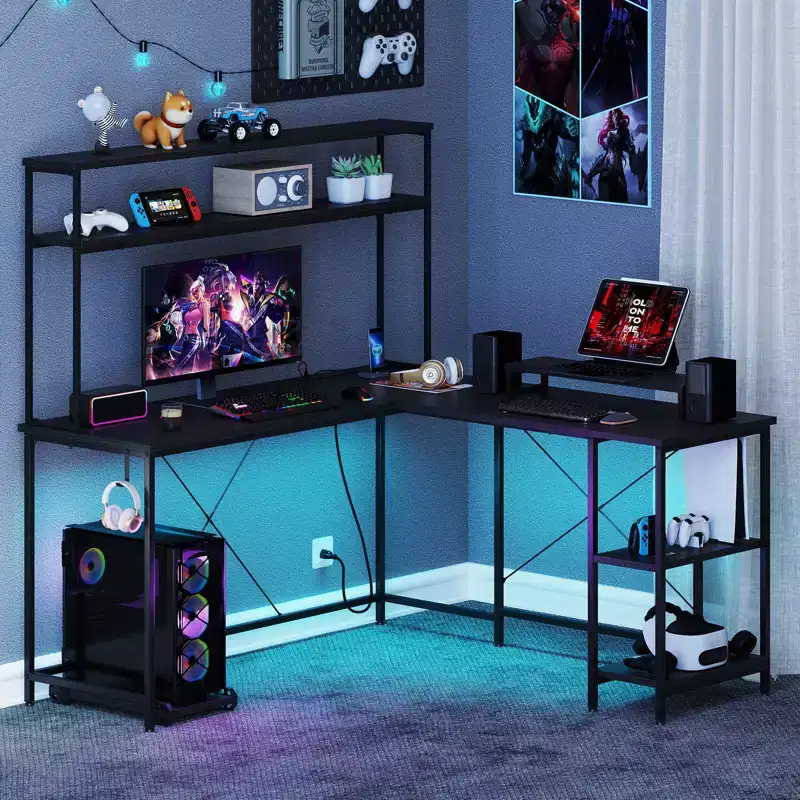 Costway L-Shaped Gaming Desk with LED Strip & Power Outlets Hutch Monitor Stand CPU Stand Brown/Black/Gray