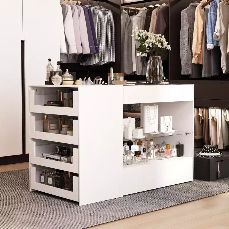 Glass-Top Dressing Island with Ample Storage — White Closet Organizer