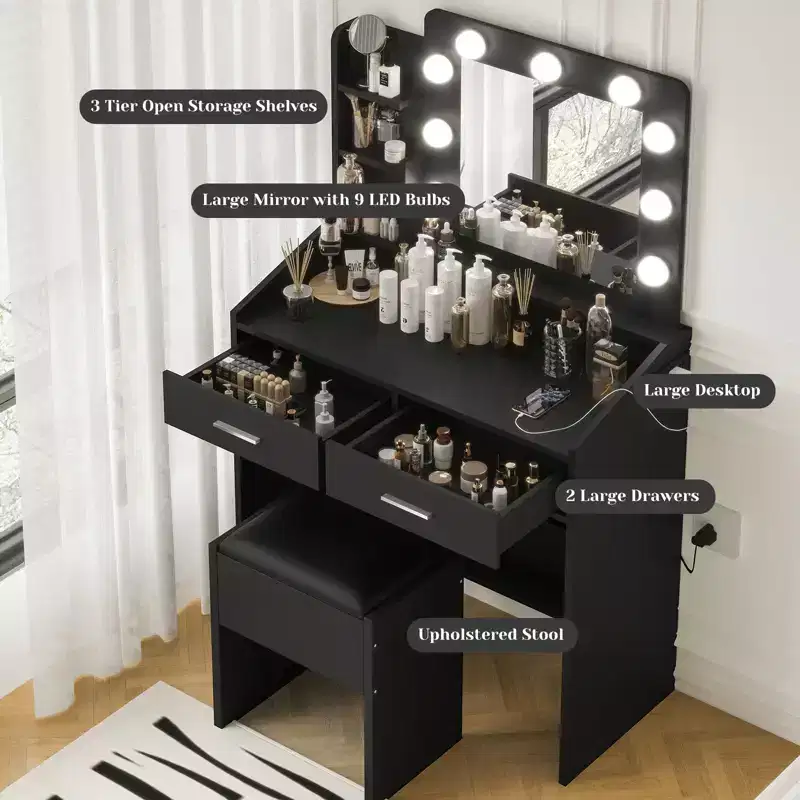 Vanity Desk with Mirror and Lights, Makeup Vanity with Power Outlet & Cushioned Stool, 3 Lighting Modes Adjustable Brightness, Dressing Table