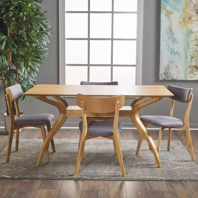 Mid-Century Modern Wood Fabric Upholstered 5 Piece Dining Set