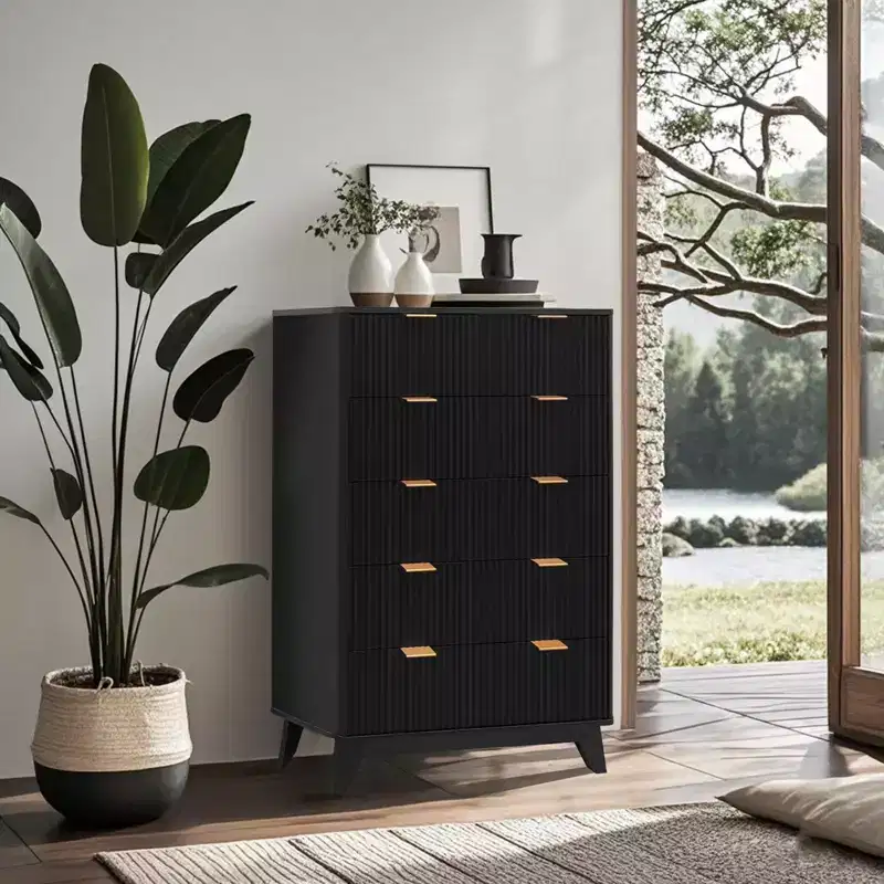 Fluted 5 Drawers Dresser, 47 Tall Modern Chest of Drawers, Curved Profile Design, Wood Drawer Organizer