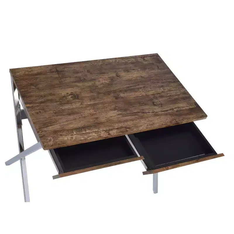 36" Callers Desks Weathered Oak and Chrome Finish: Metal Frame, Wood Surface, Open Storage Shelf