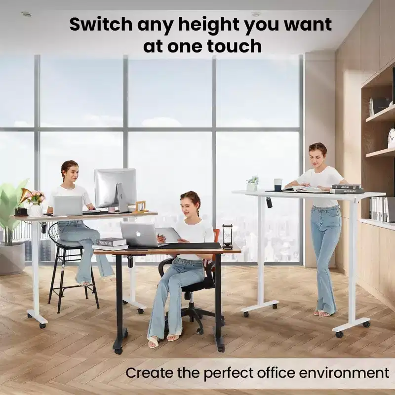 Standing Computer Desk Adjustable Height 63 24 Desk with Outlet Rolling Wheels Dual-Beam Frame Mouse Pad Spliced Desktop
