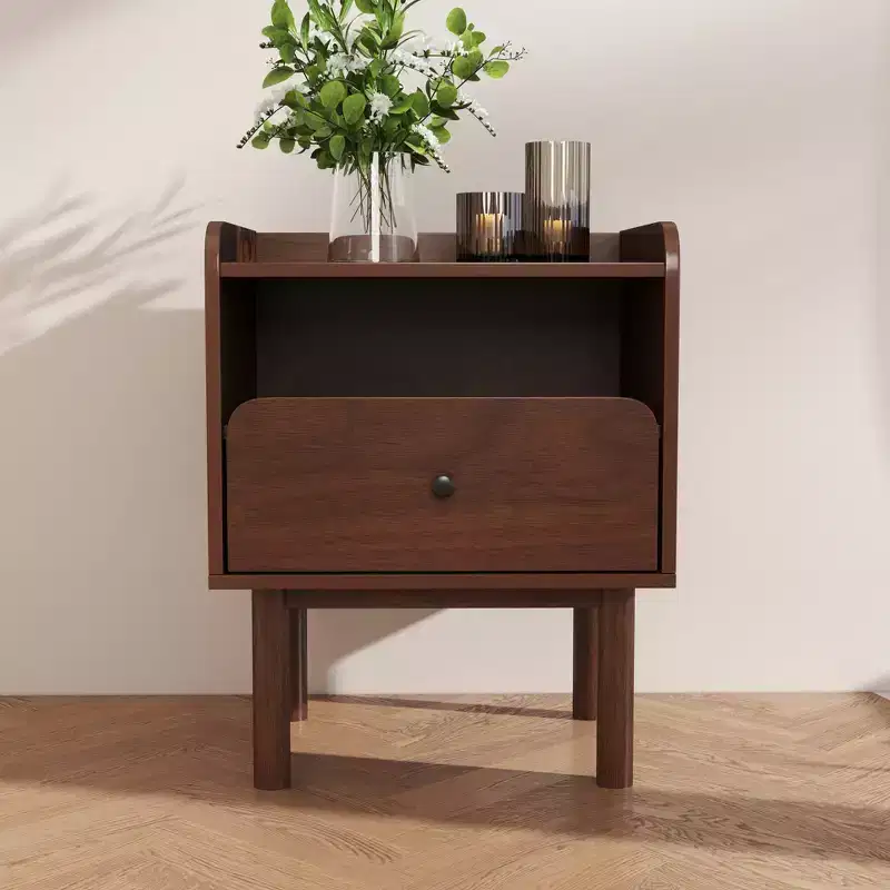 Roundhill Furniture Wyller Dual-tier Storage Nightstand, Side Table, Natural Walnut Finish