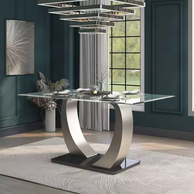  Glass Top Dining Table Silver/Black: Modern Pedestal Base, Seats 6, Satin Finish