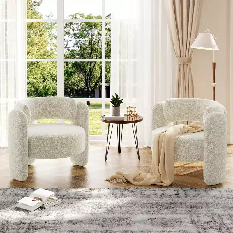 GustoWave Barrel Accent Chair Set Of 2, Modern Upholstered Lounge Chairs For Bedroom Or Office, White