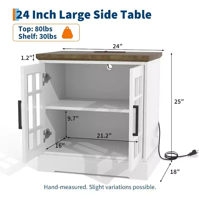 24 Inch Nightstand with Charging Station, Tempered Glass Door and Adjustable Shelves, Farmhouse Style Wood Nightstand