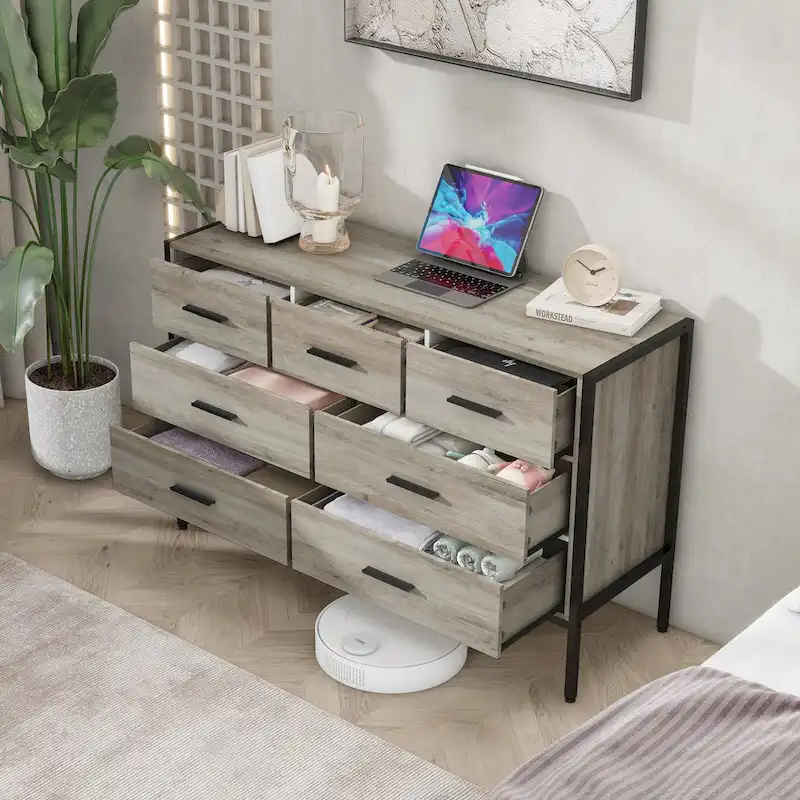 7-Drawer Horizontal Dresser, Wooden Storage Closet for Bedroom, Solid Clothes Cabinet with Sturdy Steel Frame