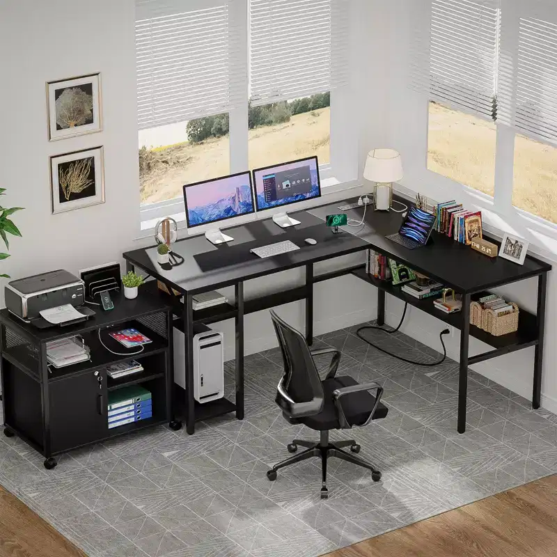 Besiost 47'' L Shaped Desk with Storage, Power Outlet, USB Ports, Reversible Computer Desk
