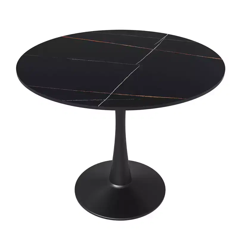 Bristol 35 Round Dining Table Sintered Stone Top Accent Caf Table & Sturdy Steel Black Pedestal Base for Kitchen and Small Spaces