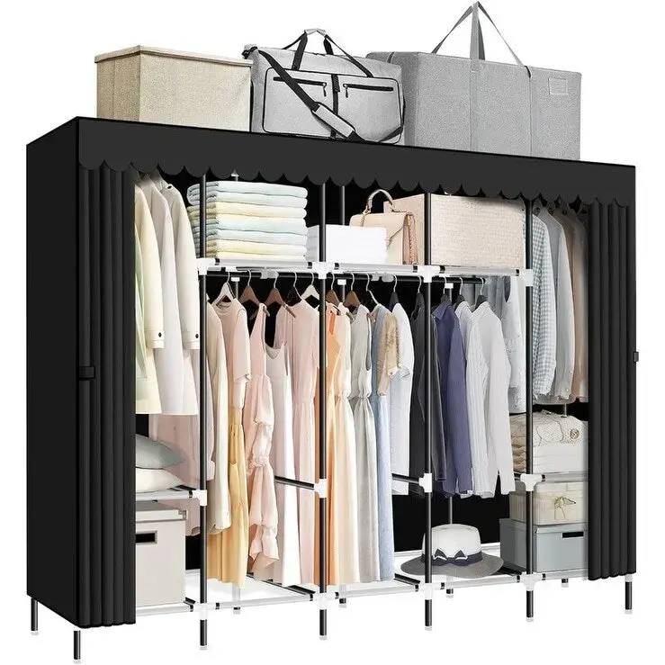 Portable Closet Wardrobe with Hanging Rods and Shelves