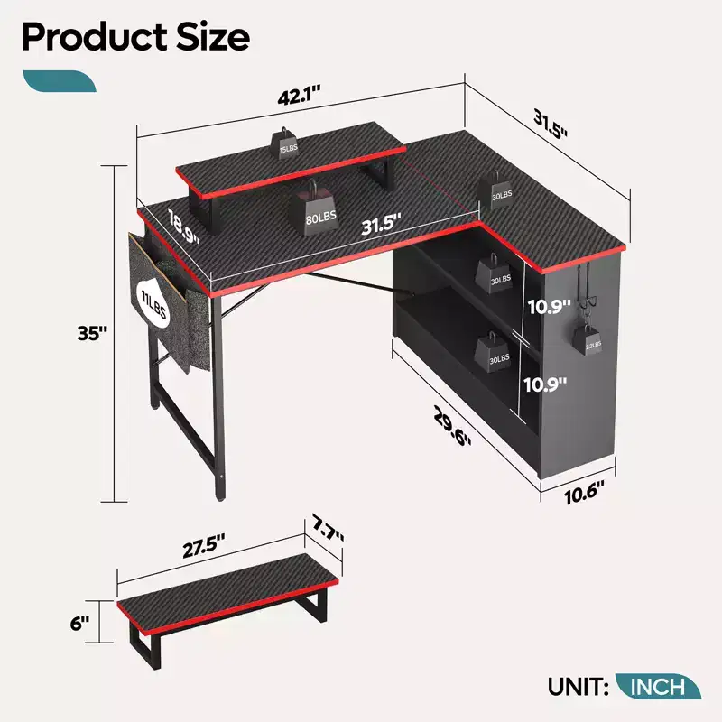 Bestier 42'' L-Shaped Computer Desk with Reversible Open Storage Shelves, Modern Home office Desk with LED Light & Monitor Stand